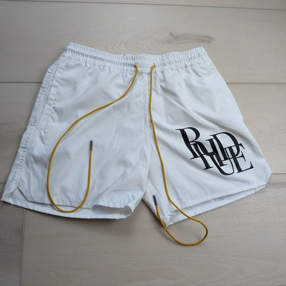 Rhude Logo Swim Shorts Trunks Mens Small White Mesh Lined Spell Out Beach Casual